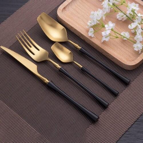 24pcs/set Dinnerware Set 18/10 Stainless Steel Black Gold Cutlery Set Knife Spoon And Fork Set Tableware Gold Plate Dropshipping