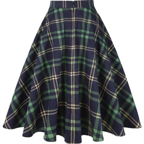 2021 new green plaid skirts women jupe femme cotton 50s vintage swing long high waist midi skirt ss0006