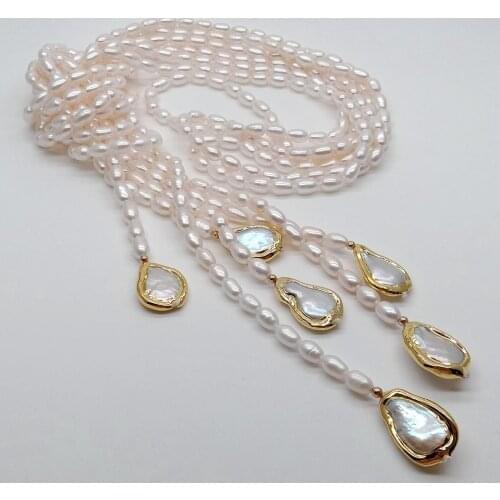 YYGEM 3 Strands Cultured White Rice Freshwater Pearl pear Pearl Lariat Long sweater chain Necklace 50