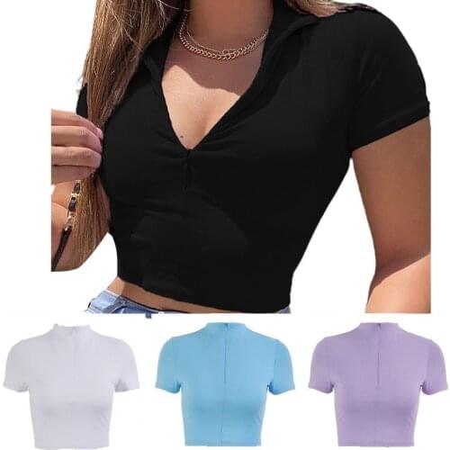 Sexy Women Summer Deep V Neck Zipper Short Sleeve Slim Crop Top Blouse T-shirt women clothing