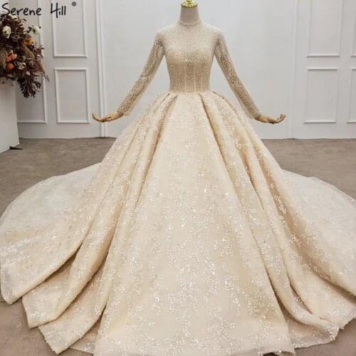 Champagne Luxury High Neck Wedding Dresses 2021 Dubai Beading Sequins Long Sleeves Bridal Dress HX0134 Custom Made