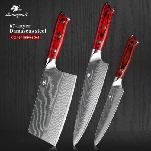 Shuangmali 3PCS Cooking Kitchen Knife Set VG10 Damascus Pattern Chinese Slicing Knives Utility Paring Cleaver Chef Knife Set