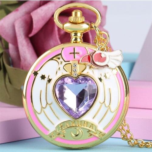 Student Girls Hot Anime Cardcaptor Sakura Heart Shaped Stone Necklace Pendant Pocket Watch Gifts