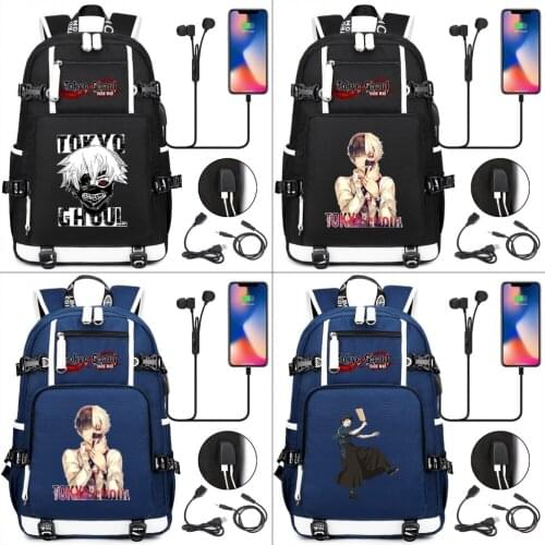 Tokyo Ghoul Student Backpack Casual USB Charging Headphone Teenager Rucksack Canvas Cartoon Travel Schoolbag Laptop Bag
