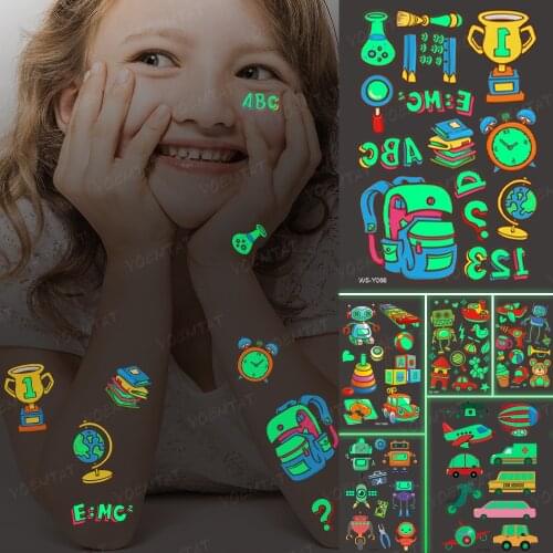 Luminous Glitter Tattoo Stickers School Math Children Temporary Waterproof Book Tatto Body Art Cute Kid Cartoon Fake Tatoo
