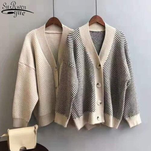 Loose Chic Elegant Irregular Diamond Texture Coat Woman Vintage Button New Single Row Buckle Sweater V-neck Korea Cardigan 12031