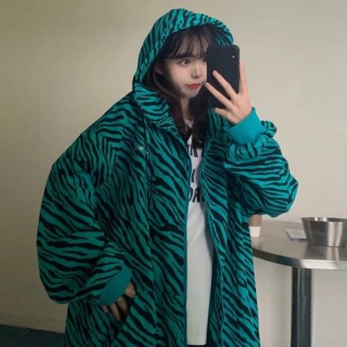 Street retro high street Harajuku loose thin section warm zipper jacket oversized top women pure color zebra print sweater women