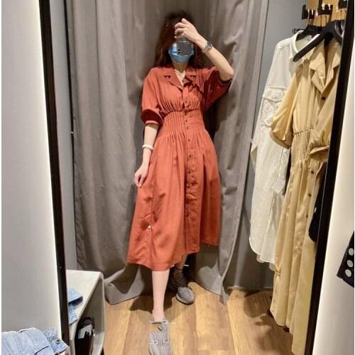 Japanese m family pure color pleated waist classic Lapel waist temperament dress women 010xxwm-2050