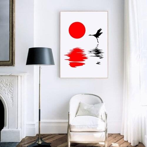 Japanese Style Sunset Canvas Painting Home Decoration Red Crane Animals Wall Pictures Posters and Prints for Bedroom