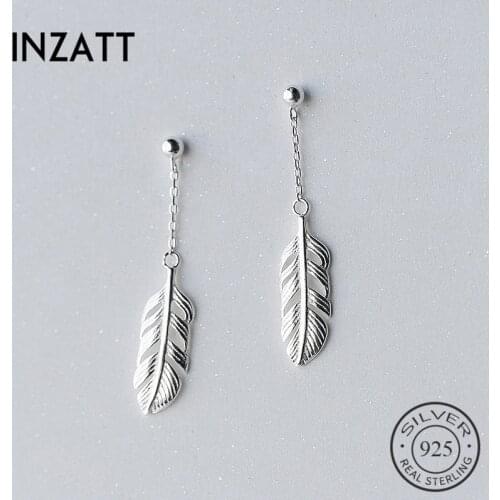 INZATT Bohemia Elegant Hollow Feather Tassel Dangle Drop Earrings For Women Charm Silver 925 Fashion Jewelry Romantic Gifts