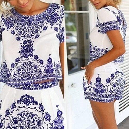 Womens Fashion Two Pieces Elastic Waist Pockets Blue and White Porcelain Crop Top Short Pants Set Print Women Tracksuit Suits
