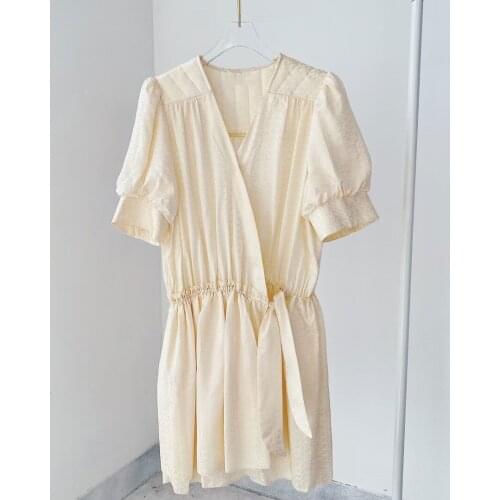 Letters Jacquard Women V-Neck Wrap Mini Dress 100% Silk Ladies Elastic Waist Lace-Up Puff Sleeve Pleated Short Robe 2021