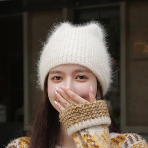 Rabbit Fur Ear Winter Hats For Women Knitted Beanie Hat Woman Skullies Beanies Ladies Hat Cashmere Autumn Solid Bonnet
