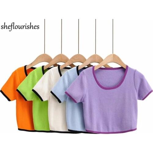 2021 Summer t shirt women short sleeve o neck tops korean knitted tshirts casual patchwork top kawaii white t shirt blue orange