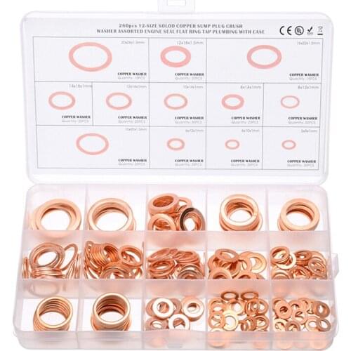 280pcs Sealing Ring Assortment Set M5 M6 M8 M10 M12 M14 Copper Seals Oil Copper Rings Copper Washers Flat Seal Ring Fitting