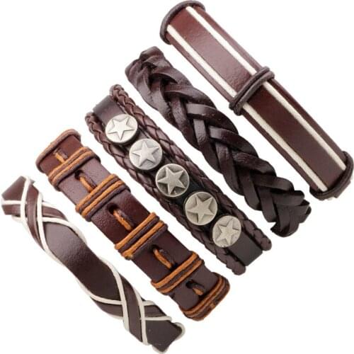 5pcs/set Boho Gypsy Hippie Punk Star Rivet Charm Dark Brown Macrame Leather Cord Wrap X Knot Layer Stacked Bracelets Set for Man