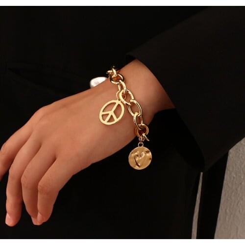 ALLYES Gold Color Love Heart Peace Symbols Irregular Pearl Charm Bracelets Metal Chain Bracelet for Women Unisex Jewelry