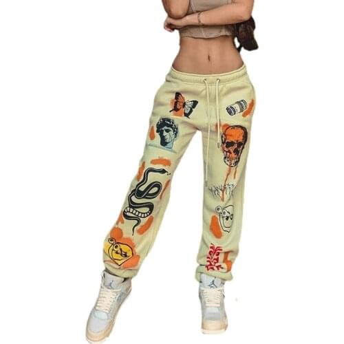New 2021 autumn winter trousers streetwear gothic trend cotton multi-pattern printing bandage thicken warm casual harem pants