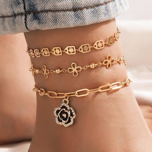 HuangTang 2021 Trendy Flowers Foot Chain Gold Color Metal Geoemtry Anklet for Women Summer Beach Anklet Jewelry Barefoot 17160