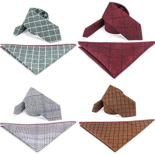 Ricnais Classic New Slim Plaid 6cm Cotton Tie Set For Men Necktie and Handkerchief Set for Wedding Business Party Formal Gift