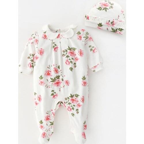 Newborn Baby Girl Clothes Floral Printing Long Sleeve Jumpsuits with Hats Clothing Sets Princess Girls Onsies Body suits