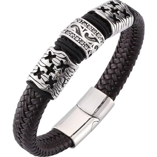 Fashion Men Brown Leather Bracelet Stainless steel Magnet Clasp Bracelets Bangle Vintage Man jewelry Gifts pulsera BB0121