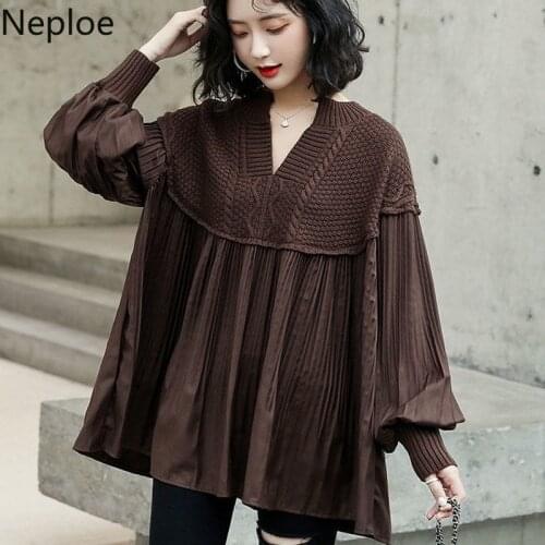 Neploe Blouse Women 2020 Fall Clothes Blusas Mujer De Moda 2020 Loose Lantern Sleeve Patchwork Knit Shirt V-neck Pleated Tops