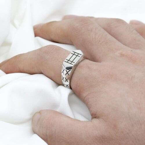 Men Ring 925 Sterling Silver Vintage Rectangle Plaid design Punk Silver 925 Finger Ring for Male Fashion Jewelry New Arrival