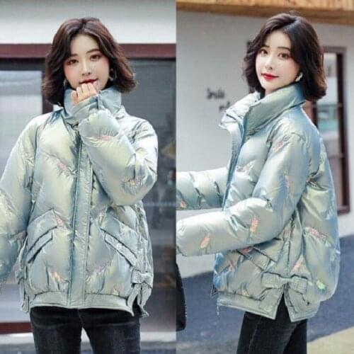 2021 Winter Women Shiny Fabric Embroidery Parkas Coat Casual Solid Thick Warm padded Coat Casual Winter Outwear Jacket parkas