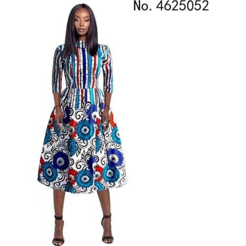African Womens Digital Printed Back V-Neck Three-Quarter Sleeve Mid-Length Dress Kanga Ankara Dashiki Lady Clothing