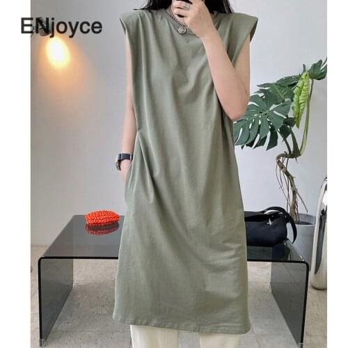 Shoulder Pad Sleeveless Midi Dress Korean Fashion Casual A-line Party Long Dresses 2021 Summer Vintage Cotton Clothes for Women