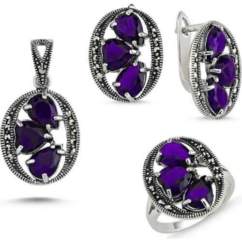 Silver 925 Sterling Marcasite Pendant Earring & Ring Set
