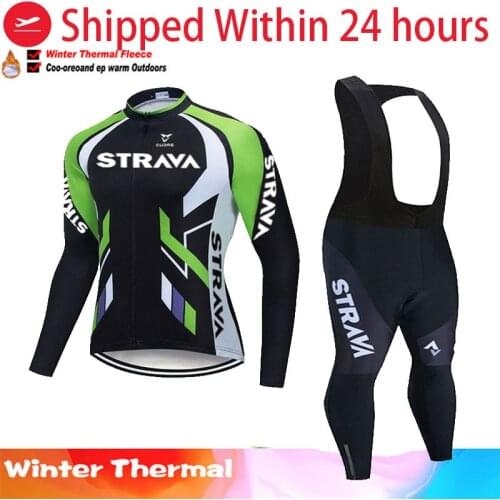 STRAVA Pro Team Winter Thermal Fleece Cycling Clothes Men Long Sleeve Jersey Suit Outdoor Riding Bike MTB Clothing Bib Pants Set