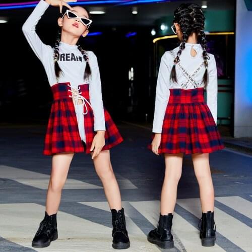 Hip-Hop Jazz Dancer Outfit Summer Girl Sets Festival Clothing Stage Costume Cheerleader Uniform Crop Tops Plaid Skirt DL8309
