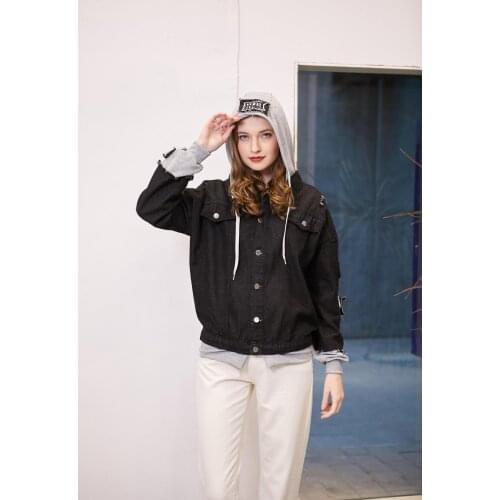 2020 Spring Autumn Wild Fake Two-piece Stitching Denim Shirt Fashion New Warm Hooded Girls Coat Tops Large Denim Jacket Women