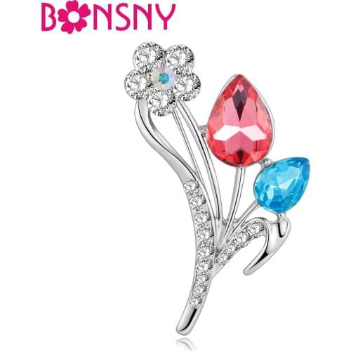 Bonsny Rhinestone Crystal Flower Brooch For Women Engagement Brooches Pin Collar Scarf Decoration New Fashion Jewelry Gift