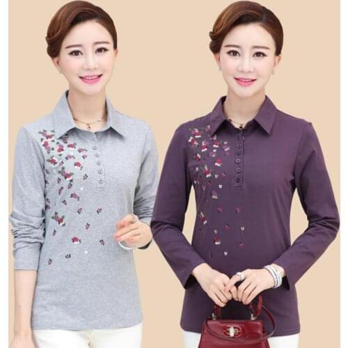 Yauamdb Women Polo Shirt Spring Autumn Size L-4xl Cotton Female Embroidered Long Sleeve Tee Ladies Turn-Down Collar CLOTHES 46
