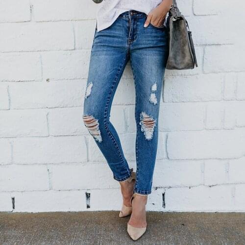 Ladies Fashion Hole Blue Jeans Spring Slim Jeans Bleach Beard Effect Street Wear Retro Denim Trousers