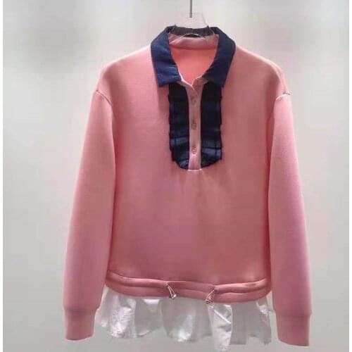 High Quality Sweatshirts 2021 Autumn Fashion Green Pink Blue Tops Ladies Drawstring Waist White Ruffle Deco Casual Sweatshirts