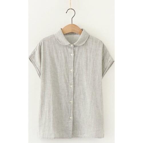 Cotton 100% Solid Women Shirts Summer Vintage Turn-Down Collar Short-Sleeved Slim Casual Preppy Style Female Blouse Outwear Tops