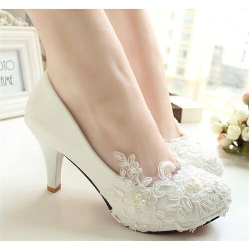 2018 new fashion womens wedding shoes ivory pearls low high heels bridal pumps shoes ladies girls party dress pumps