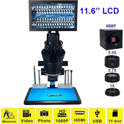 48MP 3.5-45X 11.6" LCD Trinocular Stereo HDMI USB Repair Microscope HD TF Digital Camera Soldering Continus Zoom Mobile Phone
