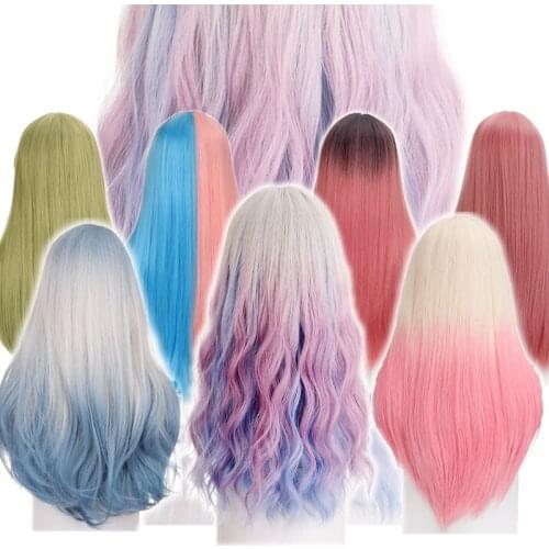 Allaosify Synthetic Long Straight Lolita Cosplay Wig with Bangs Pink Purple Blue Orange Red Black Green Anime Wigs for Women