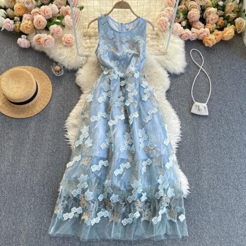 Elegant 3D Flower Embroidery Dress 2021 Summer Womens SleevelessThree Dimensional Floral Heavy Party Mesh Tank Dress Female