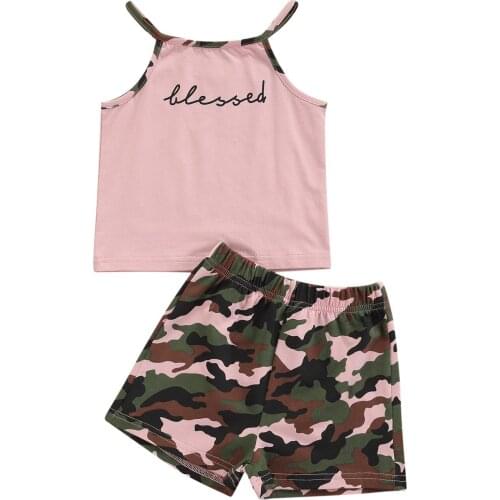 FOCUSNORM 0-6Y Summer Fashion Kids Girls Clothes Sets Halter Sleeveless Letter Printed Vest Tops Camouflage Shorts 2pcs