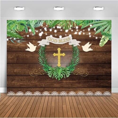 Baptism Backdrop Rustic Wood First Holy Communion Photo Backdrops God Bless Mason Jars Christening Baby Shower Party Banner