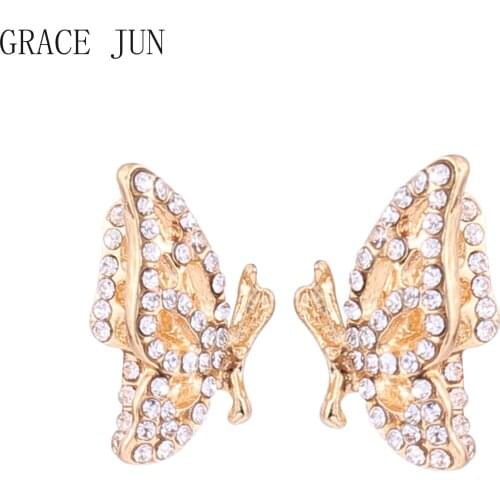 GRACE JUN Gold Color Butterfly Clip on Earrings No Pierced for Women Girl Fashion Cute Rhinestone Cuff Earrings Ear Clip New
