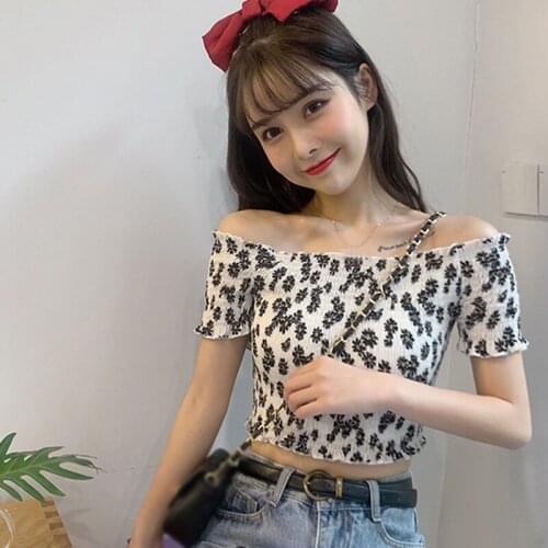 Harajuku Womens Floral Print Ruched Bloue Short Sleeve Off Shoulder Exposed Navel Summer Sweet Short Top