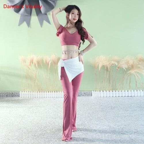 Belly Dance Suit Ice Silk V-Neck Top Long Pants Practice Clothes Set Summer Oriental Dancing Adult Performance Clothing
