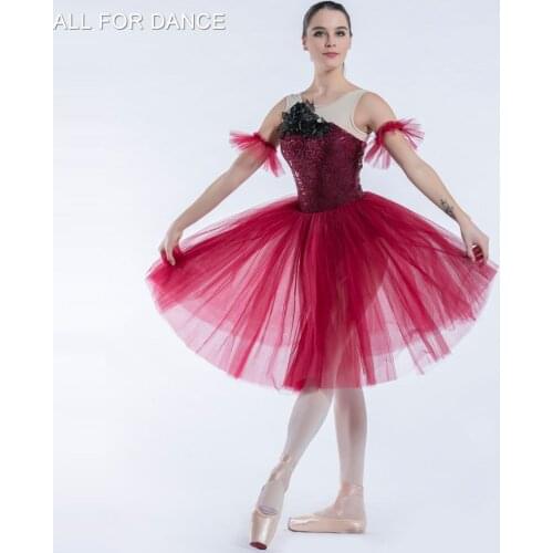 Burgundy Sequin Lace Top Bodice Romantic Ballet Tutu Girl & Women Stage Performance Ballerina Dance Tutu 19334
